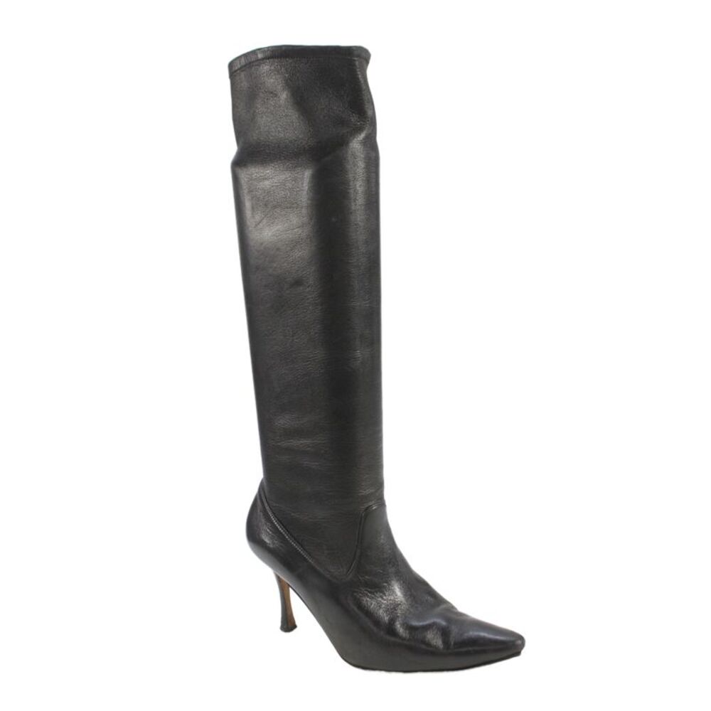 Manolo Blahnik Womens Leather Pull-On Knee High Boots Black Size 7.5